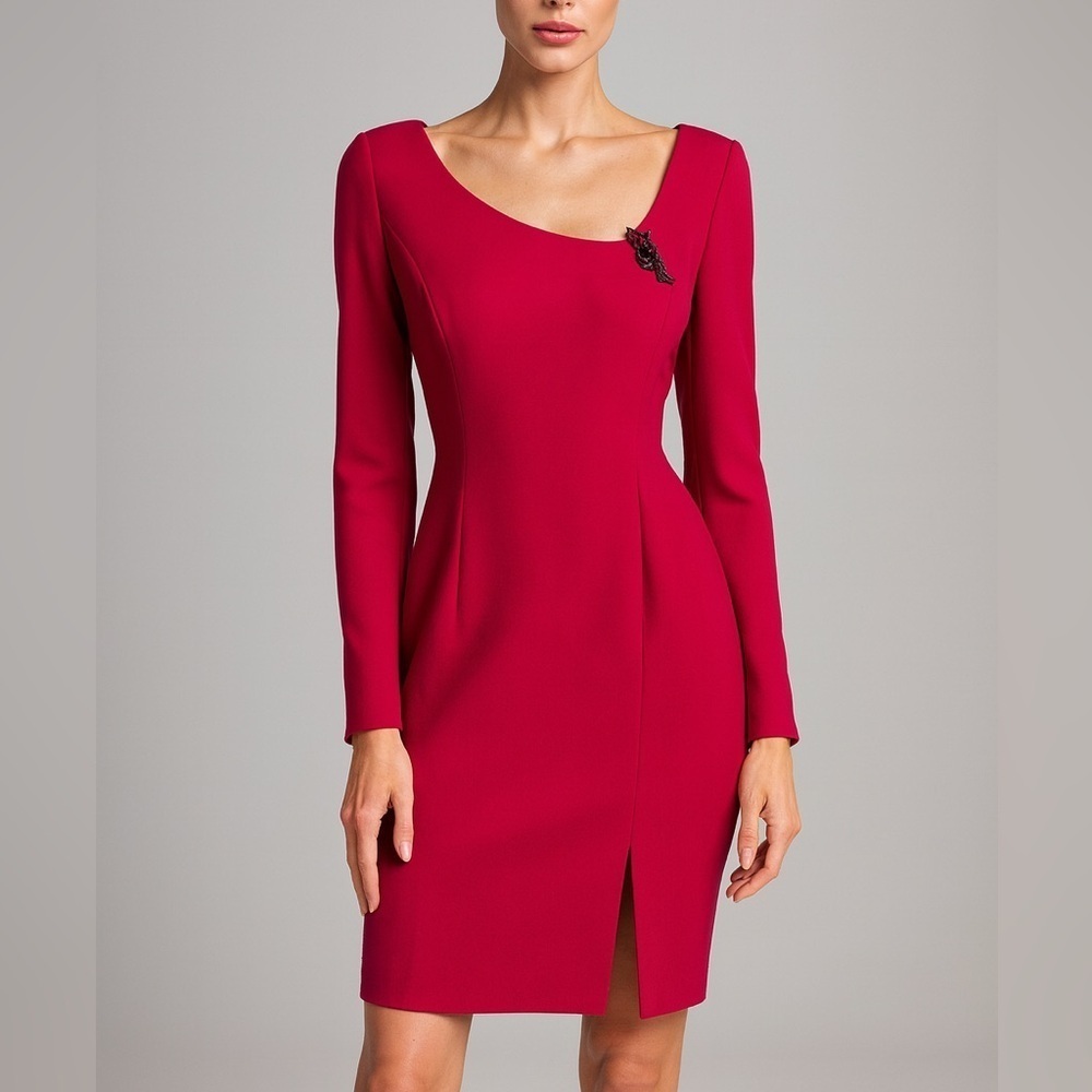 Maggy London Fuchsia Asymmetric Neckline Long Sleeve Sheath Dress (1086)
